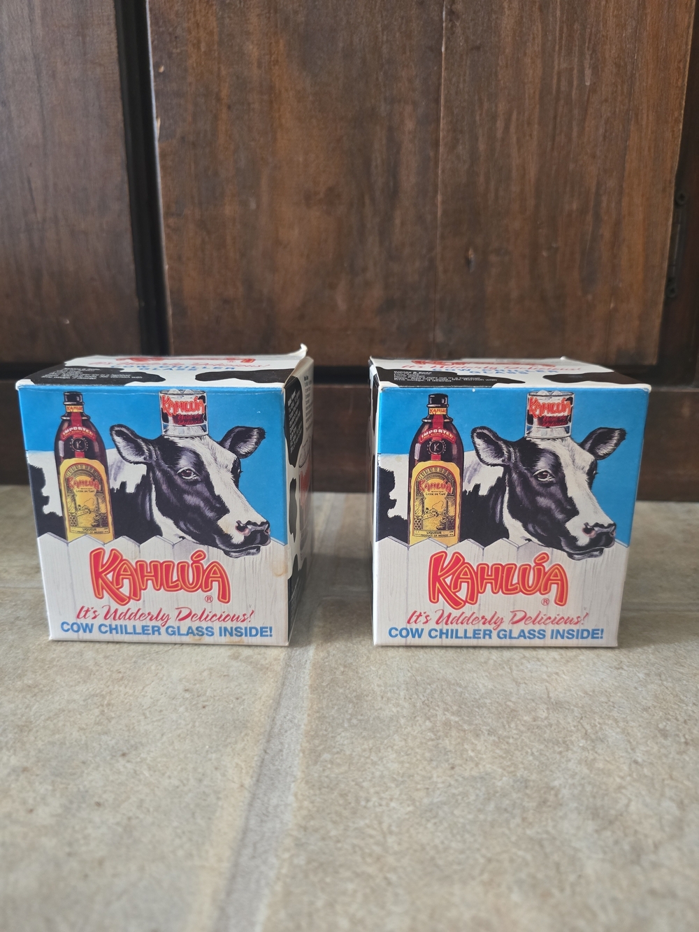 2 Vintage 1990s Kahlua "Cow Chiller"  "Udderly Delicious" Glasses In The Boxes